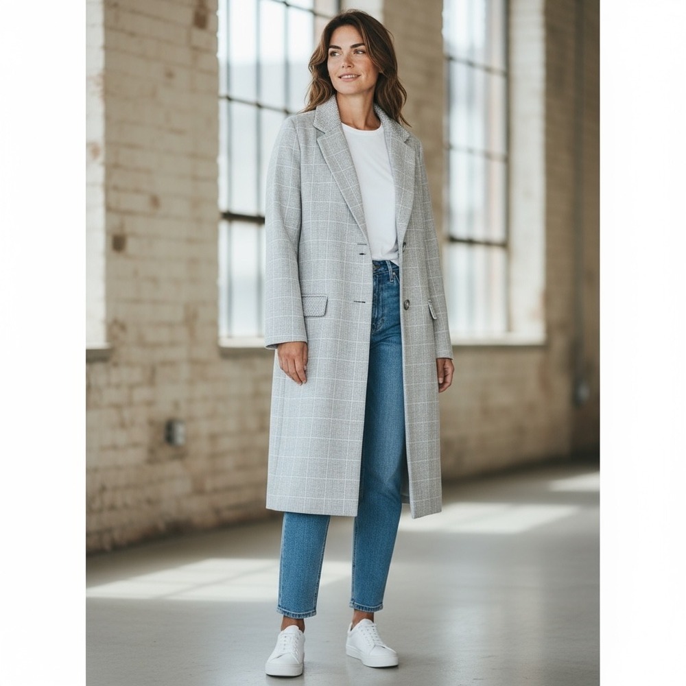 HELENE BERMAN ANTHROPOLOGIE Plaid Long Blazer Trench Coat Women's Size S‎